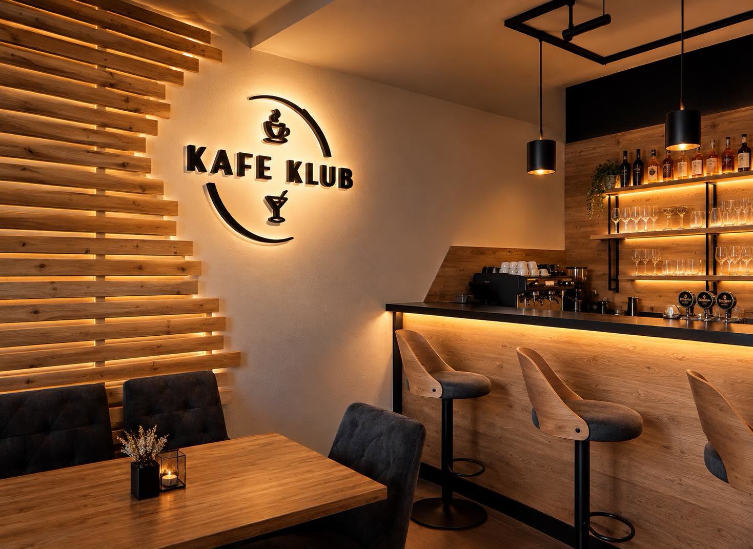 Interiér kavárny a baru Kafe Klub s podsvíceným logem na stěně